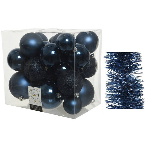 Kerstversiering kunststof kerstballen 6-8-10 cm met folieslingers pakket donkerblauw van 28x stuks - Kerstbal