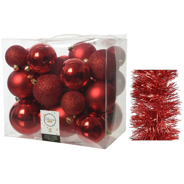 Kerstversiering kunststof kerstballen 6-8-10 cm met folieslingers pakket rood van 28x stuks - Kerstbal