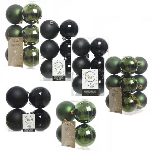 Kerstversiering kunststof kerstballen mix zwart/donkergroen 6-8-10 cm pakket van 44x stuks - Kerstbal