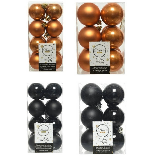 Kerstversiering kunststof kerstballen mix zwart/ cognac bruin 4 en 6 cm pakket van 80x stuks - Kerstbal