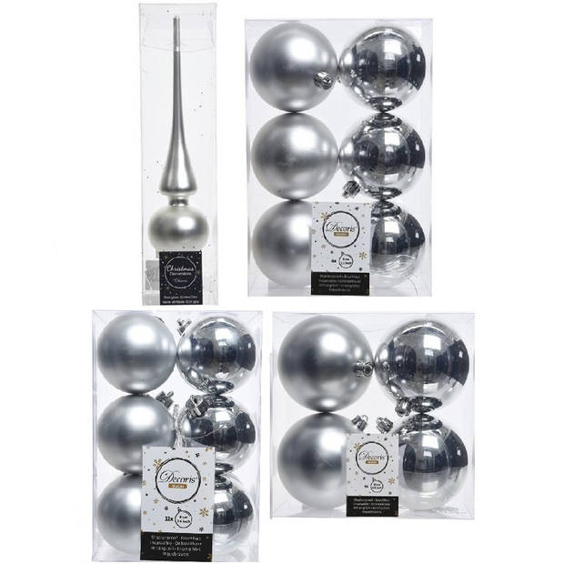 Kerstversiering kunststof kerstballen met piek zilver 6-8-10 cm pakket van 37x stuks - Kerstbal