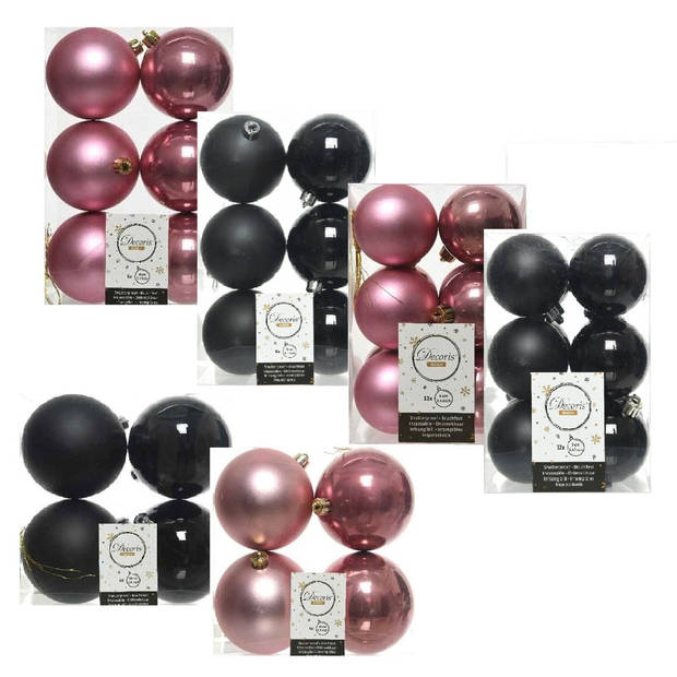 Kerstversiering kunststof kerstballen mix zwart/oud roze 6-8-10 cm pakket van 44x stuks - Kerstbal