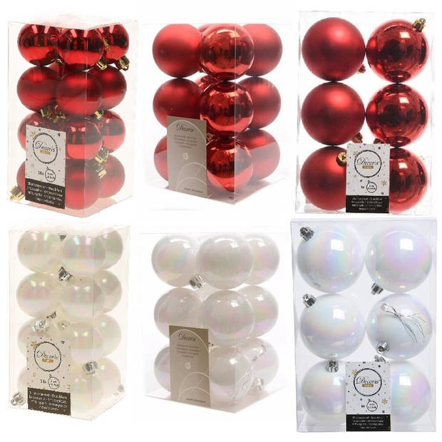 Kerstversiering kunststof kerstballen mix rood/parelmoer wit 4-6-8 cm pakket van 68x stuks - Kerstbal