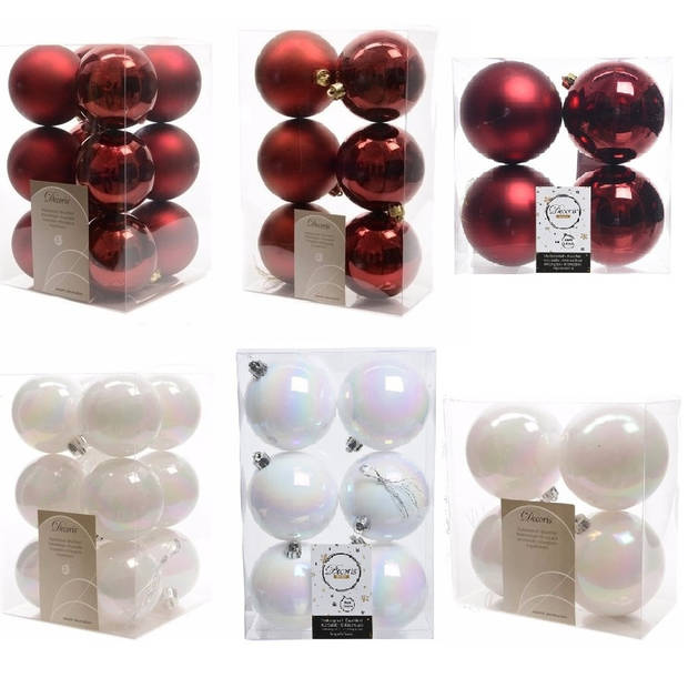 Kerstversiering kunststof kerstballen mix parelmoer wit/donkerrood 6-8-10 cm pakket van 44x stuks - Kerstbal