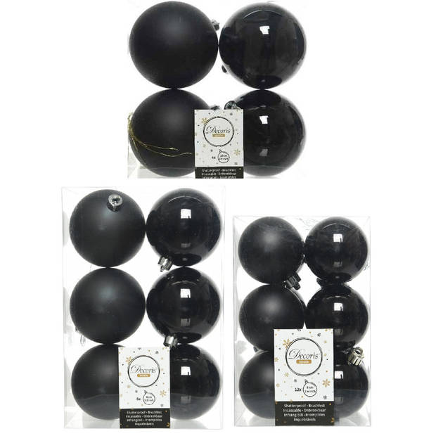 Kerstversiering kunststof kerstballen zwart 6-8-10 cm pakket van 44x stuks - Kerstbal