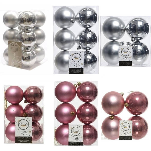 Kerstversiering kunststof kerstballen mix oud roze/zilver 6-8-10 cm pakket van 44x stuks - Kerstbal