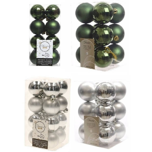 Kerstversiering kunststof kerstballen mix zilver/ donkergroen 4 en 6 cm pakket van 80x stuks - Kerstbal