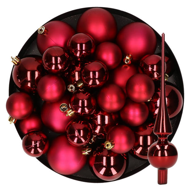 Kerstversiering kunststof kerstballen met piek donkerrood 6-8-10 cm pakket van 45x stuks - Kerstbal