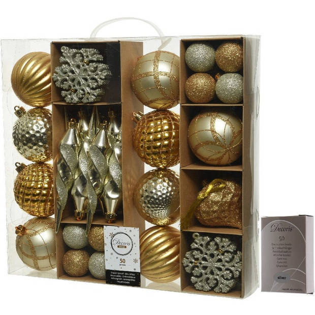 50x Gouden kerstballen en figuren 4-8-15 cm kunststof mix incl. ophanghaakjes - Kerstbal