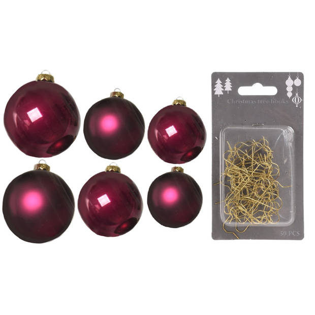 Groot pakket glazen kerstballen 50x framboos roze glans/mat 4-6-8 cm incl haakjes - Kerstbal