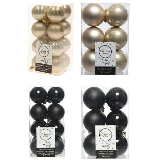 Kerstversiering kunststof kerstballen mix zwart/ champagne 4 en 6 cm pakket van 80x stuks - Kerstbal