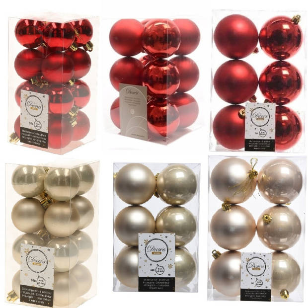 Kerstversiering kunststof kerstballen mix rood/champagne 4-6-8 cm pakket van 68x stuks - Kerstbal