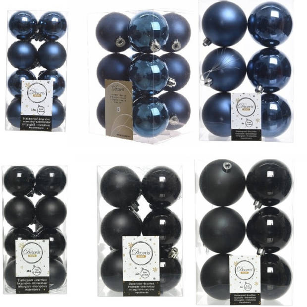 Kerstversiering kunststof kerstballen mix zwart/donkerblauw 4-6-8 cm pakket van 68x stuks - Kerstbal