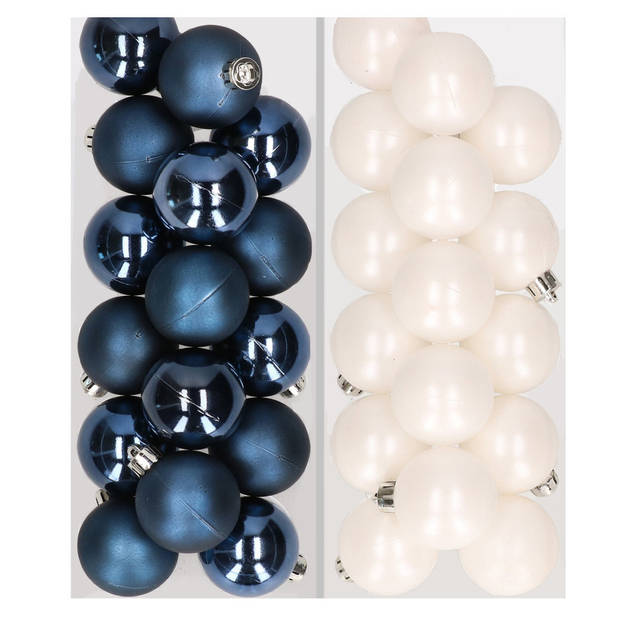 32x stuks kunststof kerstballen mix van donkerblauw en wit 4 cm - Kerstbal
