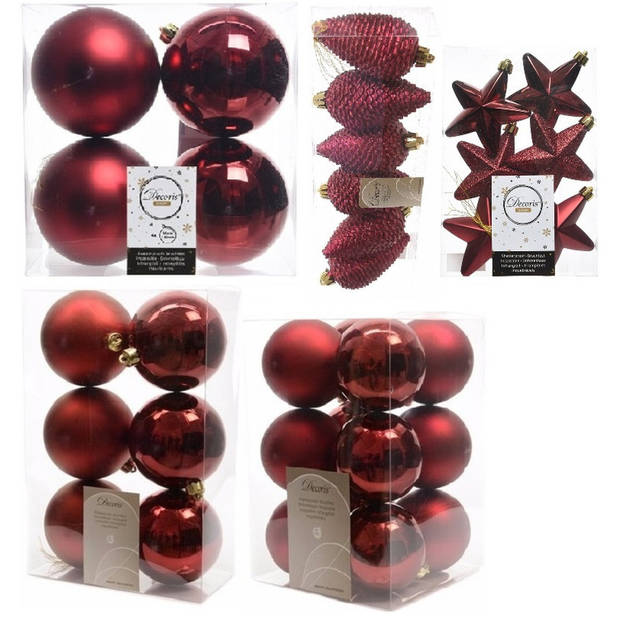 Kerstversiering kunststof kerstballen donkerrood 6-8-10 cm pakket van 68x stuks - Kerstbal