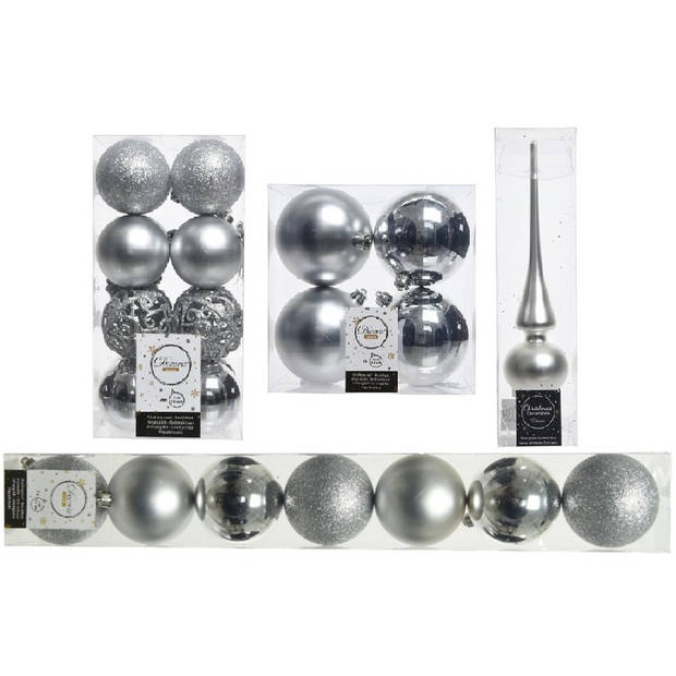 Kerstversiering kunststof kerstballen met piek zilver 6-8-10 cm pakket van 39x stuks - Kerstbal