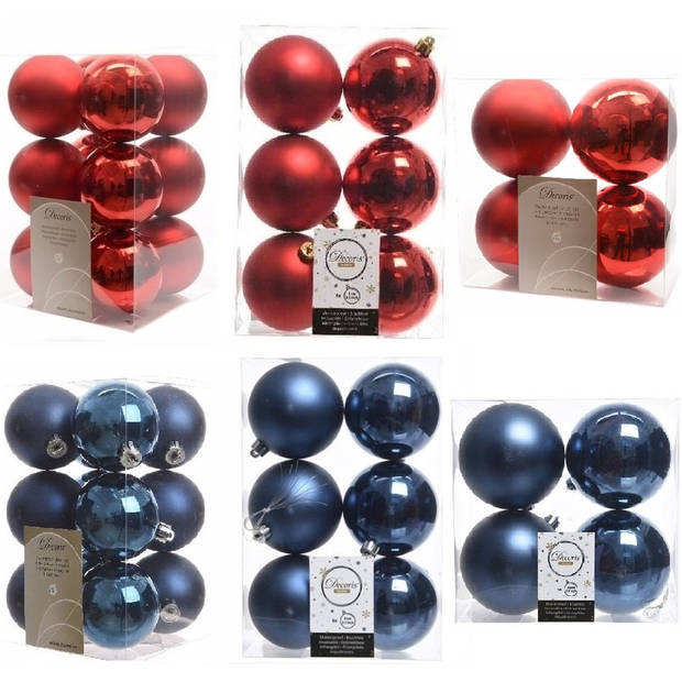 Kerstversiering kunststof kerstballen mix rood/donkerblauw 6-8-10 cm pakket van 44x stuks - Kerstbal