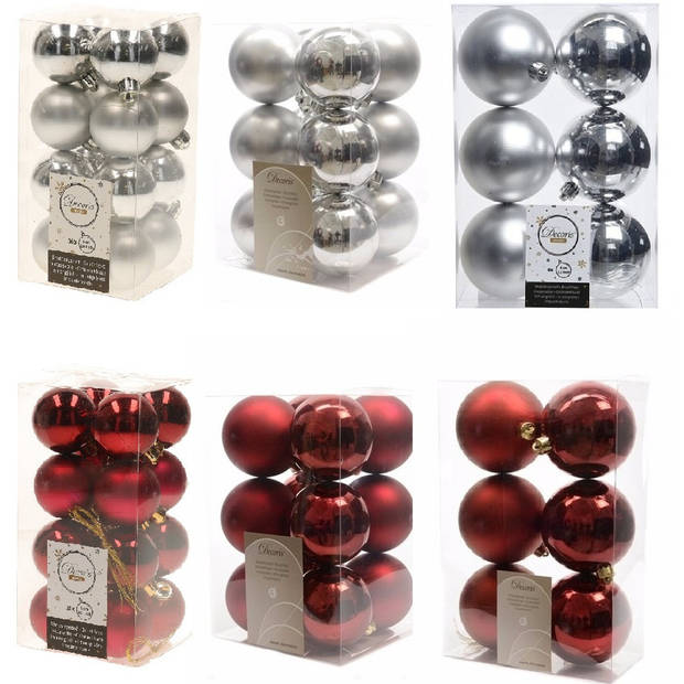 Kerstversiering kunststof kerstballen mix donkerrood/zilver 4-6-8 cm pakket van 68x stuks - Kerstbal
