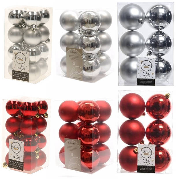 Kerstversiering kunststof kerstballen mix rood/zilver 4-6-8 cm pakket van 68x stuks - Kerstbal