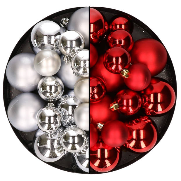 Kerstversiering kunststof kerstballen mix rood/zilver 4-6-8 cm pakket van 68x stuks - Kerstbal