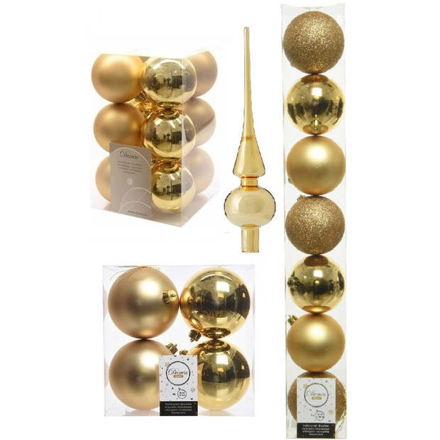 Kerstversiering kunststof kerstballen met piek goud 6-8-10 cm pakket van 47x stuks - Kerstbal