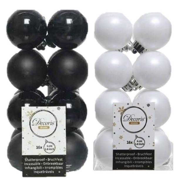 32x stuks kunststof kerstballen zwart en wit 4 cm - Kerstbal