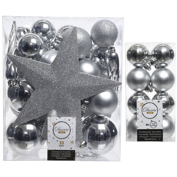 Kerstversiering kunststof kerstballen met piek zilver 4-5-6-8 cm pakket van 49x stuks - Kerstbal