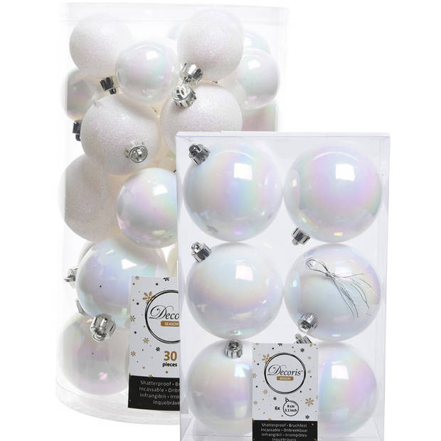 Decoris kerstballen 36x stuks parelmoer wit kunststof 4-5-6-8 cm - Kerstbal