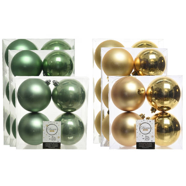 Kerstversiering kunststof kerstballen mix salie groen/goud 6-8-10 cm pakket van 44x stuks - Kerstbal