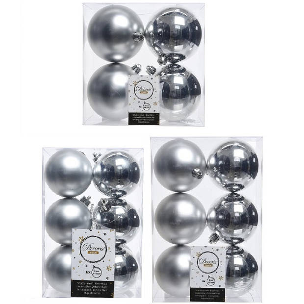 Kerstversiering kunststof kerstballen zilver 6-8-10 cm pakket van 44x stuks - Kerstbal