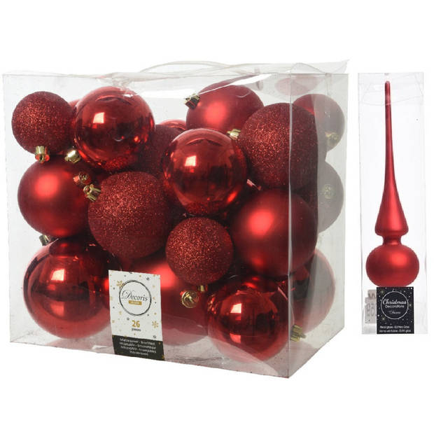 Kerstversiering kunststof kerstballen met piek rood 6-8-10 cm pakket van 27x stuks - Kerstbal