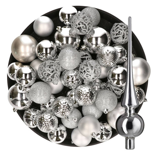 Kerstversiering kunststof kerstballen met piek zilver 6-8-10 cm pakket van 39x stuks - Kerstbal