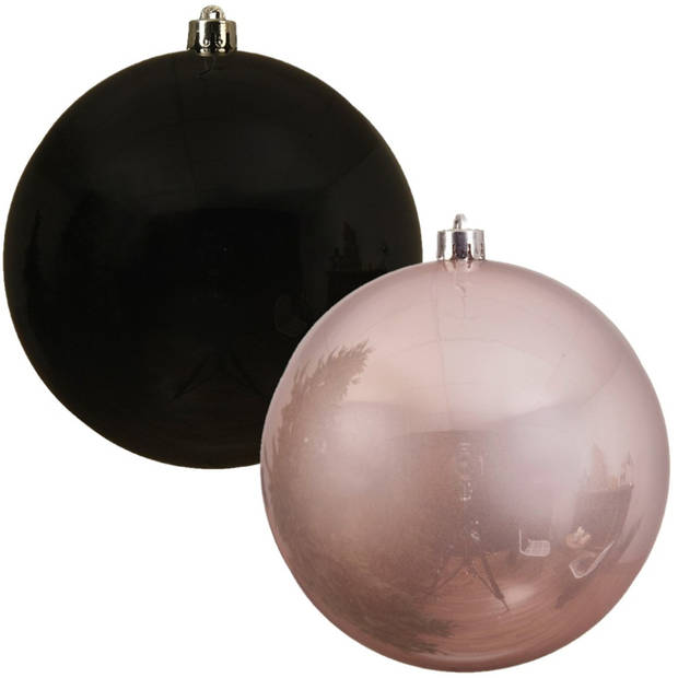 Kerstversieringen set van 6x grote kunststof kerstballen zwart en lichtroze 14 cm glans - Kerstbal