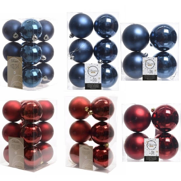 Kerstversiering kunststof kerstballen mix donkerblauw/donkerrood 6-8-10 cm pakket van 44x stuks - Kerstbal