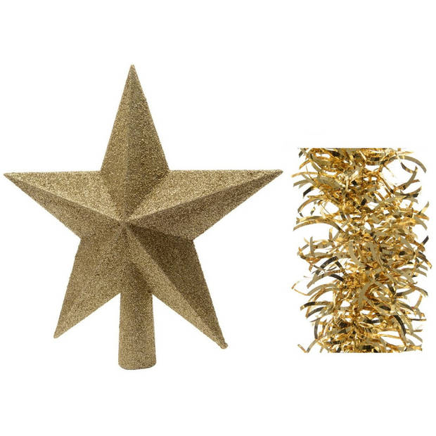 Kerstversiering kunststof glitter ster piek 19 cm en golf folieslingers pakket goud van 3x stuks - kerstboompieken