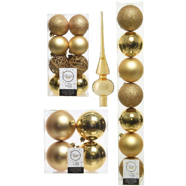 Kerstversiering kunststof kerstballen met piek goud 6-8-10 cm pakket van 39x stuks - Kerstbal