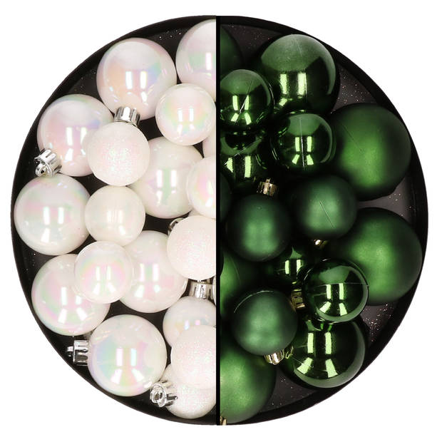 Kerstversiering kunststof kerstballen mix parelmoer wit/donkergroen 6-8-10 cm pakket van 44x stuks - Kerstbal