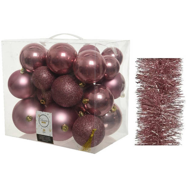 Kerstversiering kunststof kerstballen 6-8-10 cm met folieslingers pakket oud roze van 28x stuks - Kerstbal