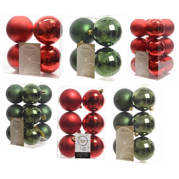 Kerstversiering kunststof kerstballen mix rood/donkergroen 6-8-10 cm pakket van 44x stuks - Kerstbal