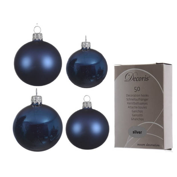 Glazen kerstballen pakket donkerblauw glans/mat 38x stuks 4 en 6 cm inclusief haakjes - Kerstbal