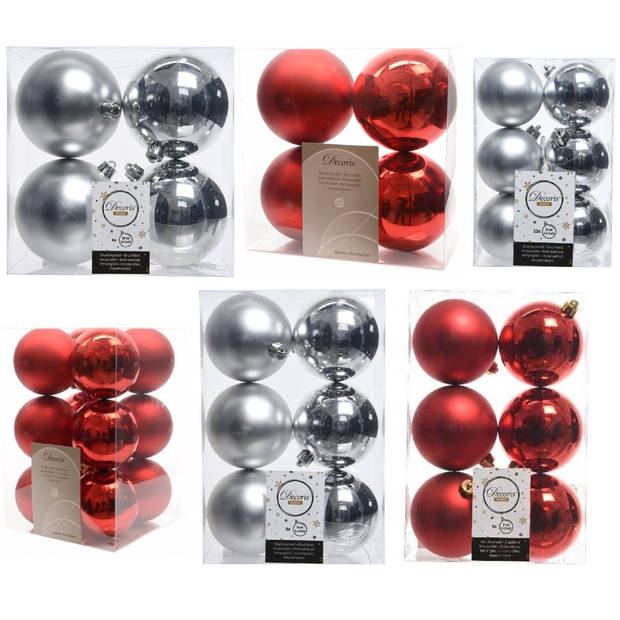 Kerstversiering kunststof kerstballen mix rood/zilver 6-8-10 cm pakket van 44x stuks - Kerstbal