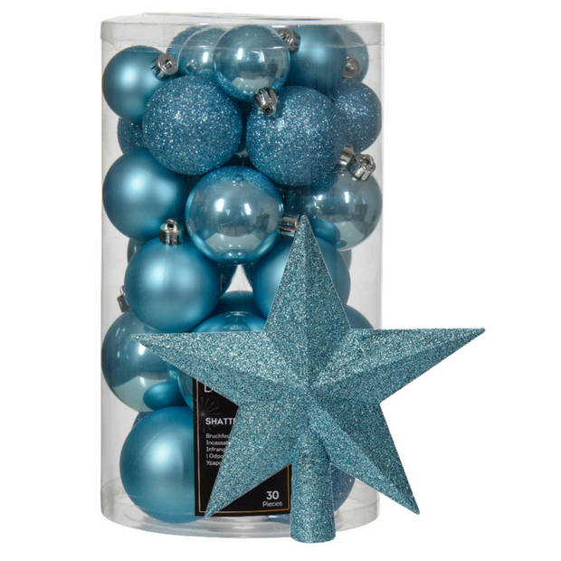 Kerstversiering - 30x kerstballen en ster piek - ijsblauw - kunststof - Kerstbal