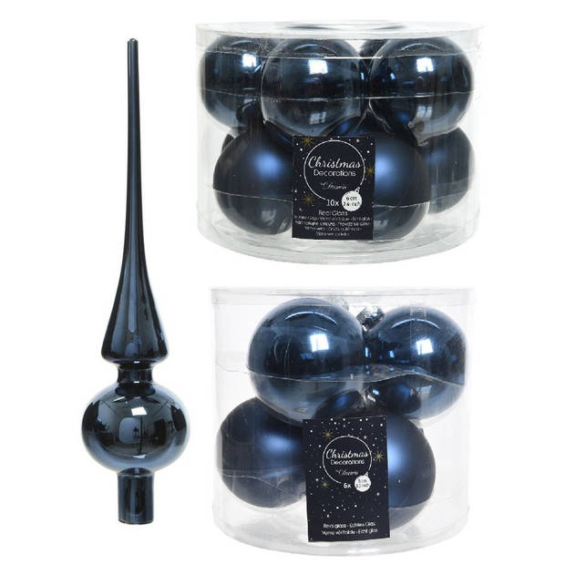 Glazen kerstballen pakket donkerblauw glans/mat 32x stuks inclusief piek glans - Kerstbal