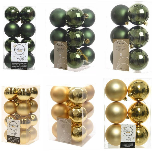 Kerstversiering kunststof kerstballen mix donkergroen/goud 4-6-8 cm pakket van 68x stuks - Kerstbal