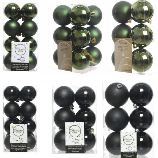 Kerstversiering kunststof kerstballen mix zwart/donkergroen 4-6-8 cm pakket van 68x stuks - Kerstbal