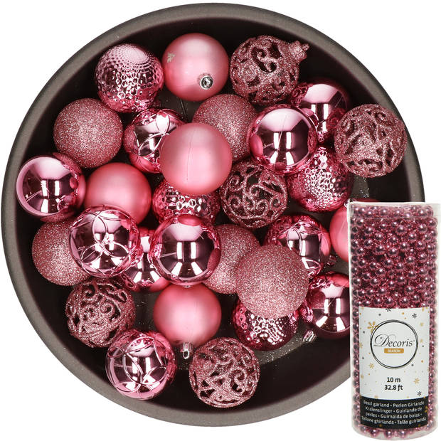 Kerstballen 37x stuks 6 cm incl. kralenslinger 10 m roze kunststof - Kerstbal
