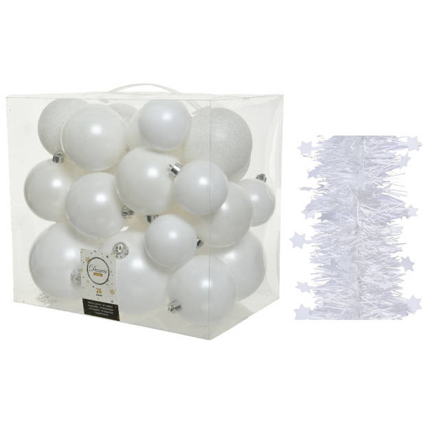 Kerstversiering kunststof kerstballen 6-8-10 cm met sterren slingers pakket winter wit van 28x stuks - Kerstbal