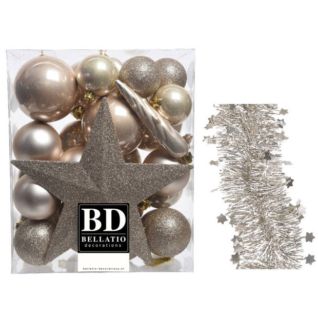 Kerstversiering kerstballen 5-6-8 cm met ster piek en sterren slingers pakket champagne 35x stuks - Kerstbal