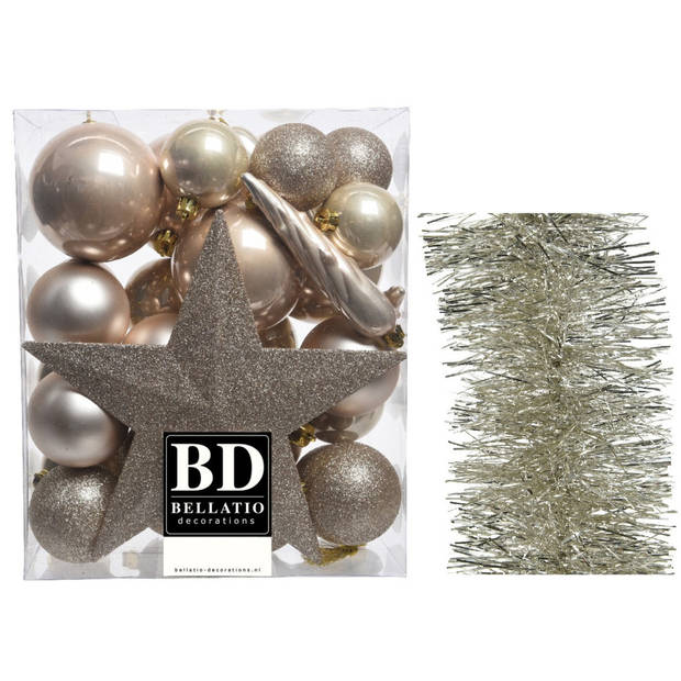 Kerstversiering kerstballen 5-6-8 cm met ster piek en folieslingers pakket champagne van 35x stuks - Kerstbal