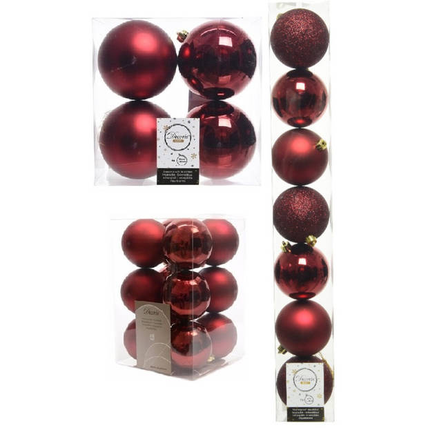 Kerstversiering kunststof kerstballen donkerrood 6-8-10 cm pakket van 46x stuks - Kerstbal